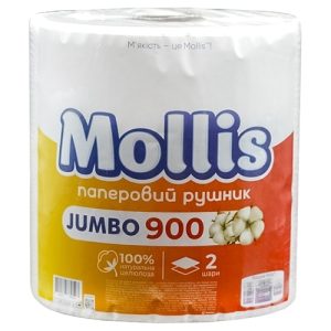 РУШНИК ПАПЕРОВИЙ MOLLIS JUMBO, 2Х-ШАРОВІ, БІЛІ, 900 ВІДРИВІВ